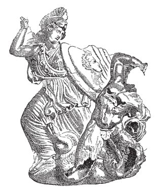 Athena, bilgelik ve bir dev bir elinizle isabet ve kendini diğer el, vintage çizgi çizme veya oyma illüstrasyon koruma savaş tanrıçası.