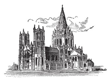 New York City, vintage çizgi çizme veya oyma resimde bulunan katedral kilise katedral Saint John ilahi olduğunu.