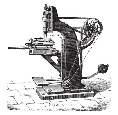 Şekilleme makine ayakkabı, vintage oyulmuş illüstrasyon. Endüstriyel ansiklopedi E.-O. Lami - 1875