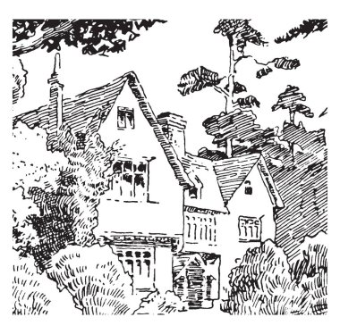 Bu ev ormanda değil. Bu ev çok sayıda ağaçlar, vintage çizgi çizme veya oyma illüstrasyon tarafından çevrili.