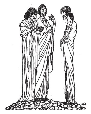 Perseus macera bu sahnede bir şey vintage çizim için tartışmaya veya illüstrasyon oyma üç ayakta yaşlı kadın gösterir.