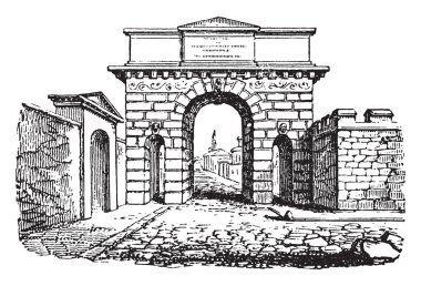 City Gate, yüksek, doğmak, karışık, geliştirme, vintage çizgi çizme veya oyma illüstrasyon