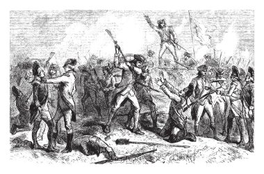 Bennington Savaşı Amerikan Bağımsızlık Savaşı, vintage çizgi çizme veya oyma illüstrasyon bir savaştı.