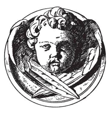 Modern melek baş bir tasarım üzerinde bir madalyon, bu bir kanatlı melek yüz, vintage çizgi çizme veya oyma illüstrasyon.