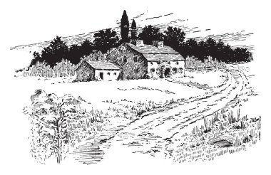 Görüntü çok büyük yere mevcut ev gösterir. Ev saman oluşur ve ev ağaçlar, vintage çizgi çizme veya oyma resimde çok tarafından çevrilidir.