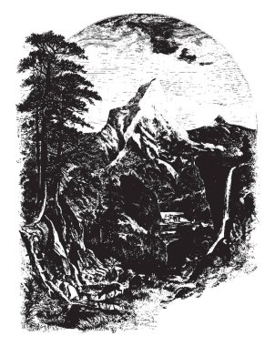 Sunrise güzel sahne. Orada yüksek güzel dağlar, kuşlar cıvıl cıvıl, bir şelale akan ve içme suyu nehir, vintage çizgi çizme veya oyma illüstrasyon bir geyik.