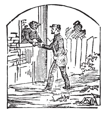 Bir postacı mektubu bir Bayan, vintage çizgi çizme veya oyma illüstrasyon teslim.