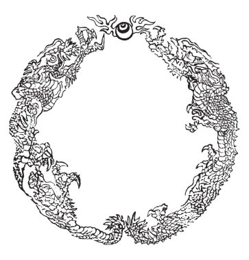 Dragons is a circular pattern, it is seizing the jewel, vintage line drawing or engraving illustration. clipart