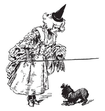 Anne, bu sahneyi sopa küçük köpek, vintage çizgi çizme veya oyma illüstrasyon yükselterek vaftiz gösterir.