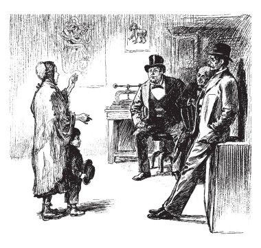 Üç adam onları, vintage çizgi çizme önünde ayakta veya illüstrasyon oyma hamile kadınla konuşurken