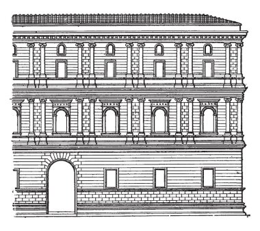 Roma, büyük Palazzo della Cancelleria, dış kompozisyon, vintage çizgi çizme veya oyma illüstrasyon Giraud sarayda faade.