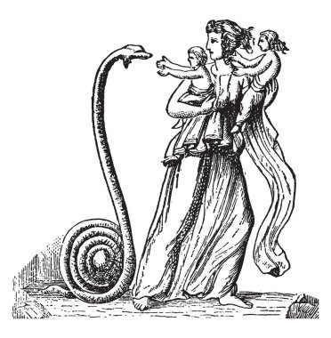 Apollon ve Artemis burada bir yılan onları, vintage çizgi çizme önünde görülen ayakta veya illüstrasyon oyma olabilir ile Latona resmini.