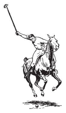 Adam bir polo oyunu kullanarak bir düz ileri açık kontur, vintage çizgi çizme veya illüstrasyon oyma topu isabet.
