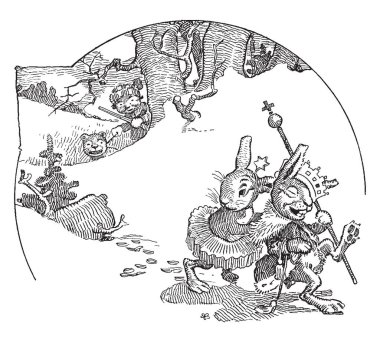 Tavşan, bu sahneyi kadın elbiseli iterek tacı karda olan başka bir tavşan, arka plan, vintage çizgi çizme veya oyma resimde başka bir tavşan tavşan gösterir