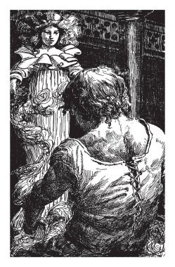 Dev enerji ve peri Beceri, bu sahne önünde dev adam, vintage çizim için ayakta veya illüstrasyon oyma bir kız gösterir