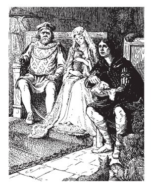 Bir kadın iki erkek ve kız arasında tutan eller, vintage çizgi çizme ve gravür illüstrasyon evde beslenen hayvan hayvan oturma