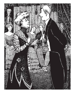 Komik şarkı, bu sahne show bir adam ve kadın şarkı şarkı doğru karşı karşıya birlikte, onların arkasında oturan diğer insanları vintage satır çizim veya gravür illüstrasyon