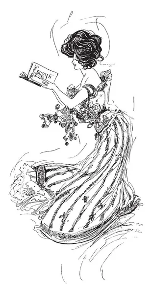 Жінка Книги Дорослих Жінок Перший Погляд Леді Читати Vintage Штриховий — стоковий вектор