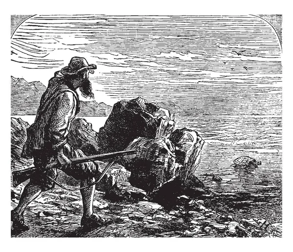 罗宾逊发现了一只 这一幕显示 一名持枪男子在岸上发现了海龟 背景是大海和山脉 复古的线条画或雕刻插图 — 图库矢量图片
