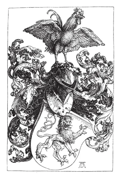 Coat Arms Cock Type Renaissance Heraldry Art Vintage Line Drawing — стоковый вектор