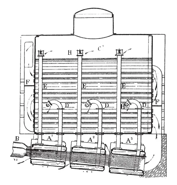 此图代表锅炉组合蒸汽发生器 用于烧水 以创建蒸汽 老式线绘制或雕刻插图 — 图库矢量图片