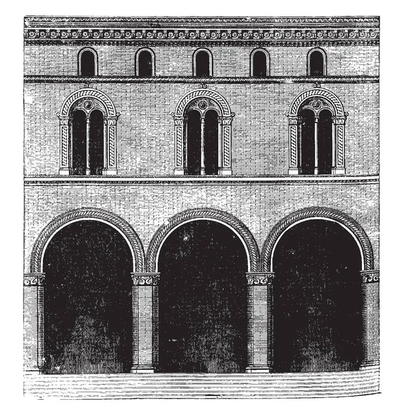 Faade 在博洛尼亚的宫殿 稀有和昂贵的自由石 建筑风格的砖 在前述时期为教会 复古线条画或雕刻插图 — 图库矢量图片