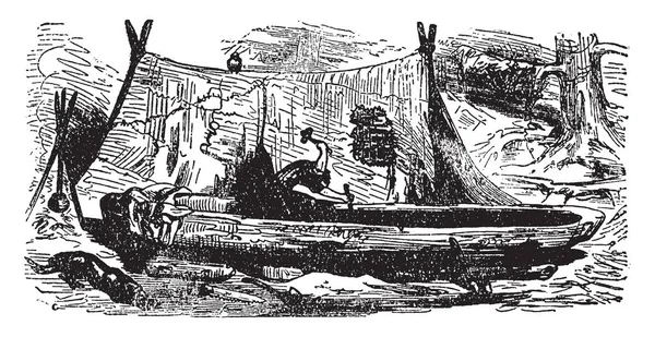Robinson Crusoe, tekne yapım bu Sahne yapımı tekne, vintage çizgi çizme veya illüstrasyon oyma bir çocuk gösterir.