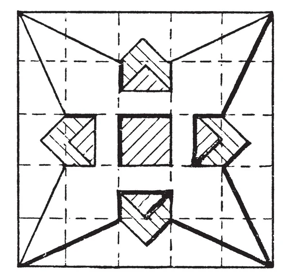 星建設を使用して三角形と四角形は点線で分かれており センター ビンテージの線描画や彫刻イラストで円弧を描画します — ストックベクタ