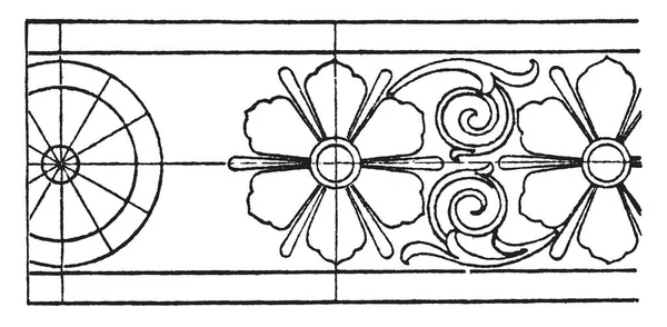 Antique Rosette Band Diseño Pesado Patrón Flores Largas Dibujo Línea — Vector de stock