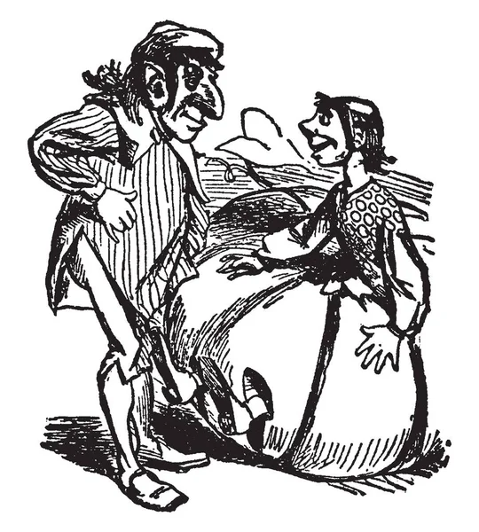 这一幕显示 一个男人看着一个女人在他面前的南瓜壳 老式的线条画或雕刻插图 — 图库矢量图片