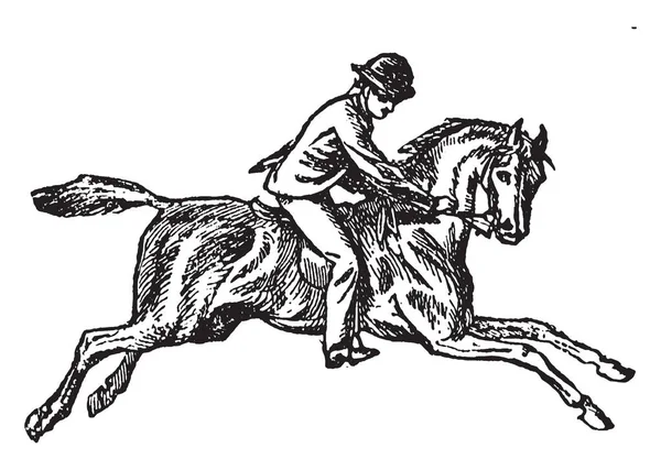 一个人正在做骑马在一个正确的位置在非常高速 复古线条画或雕刻插图 — 图库矢量图片