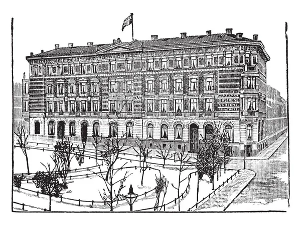 Agit Hôtel Quatre Étages Avec Beau Jardin Devant Lui Dessin — Image vectorielle