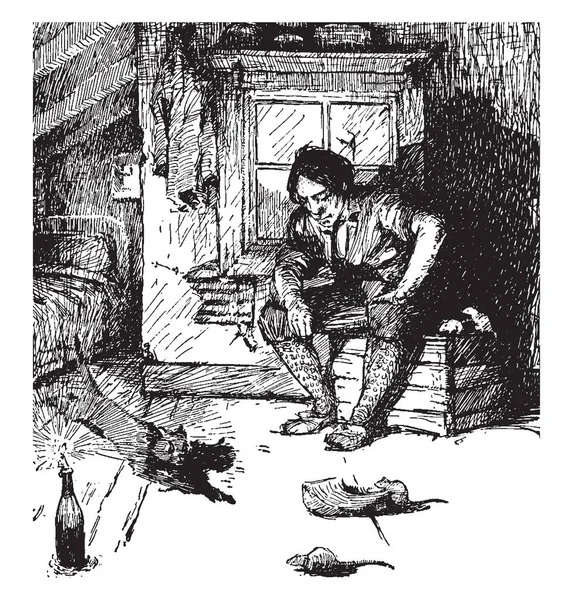 一个男人坐在桌子上 看着猫跳向老鼠 在地上行走的老鼠 复古线条画或雕刻插图 — 图库矢量图片