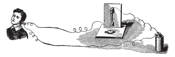 Cette Illustration Représente Boy Écoutant Microphone Dessin Une Gravure Vintage — Image vectorielle