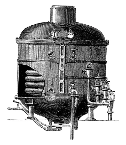 Vakum Vintage Oyulmuş Çizimde Aparatı Pişirme Endüstriyel Ansiklopedi Lami 1875 — Stok Vektör