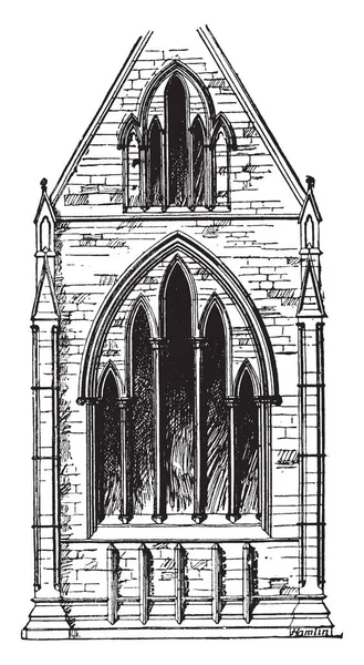 切斯特大教堂的柳叶刀窗 早期的英式风格 建筑主题是典型的哥特式教堂 最早的时期 复古线画或雕刻插图 — 图库矢量图片