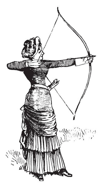 A woman is instructing how to stand in archery, vintage line drawing or engraving illustration.