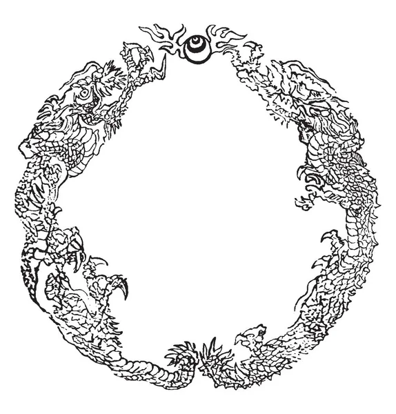 Drachen Ist Ein Kreisförmiges Muster Ergreift Das Juwel Vintage Linienzeichnung — Stockvektor