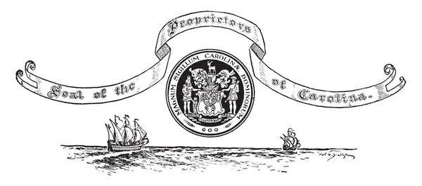 北卡罗来纳州的海豹在两艘船上 有一个家庭在中间有两个孩子 父亲和母亲拿着一个旗帜 在他们的顶部鹿 和国旗读加州东主的印章 复古线条画或雕刻插图 — 图库矢量图片