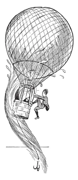 这张图片代表人攀登入热气球 复古线图画或雕刻例证 — 图库矢量图片