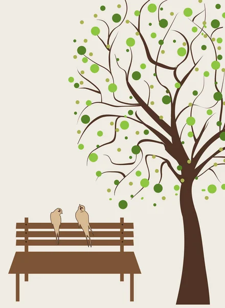 Aves Sentadas Banco Por Árbol Ilustración Vectorial — Vector de stock