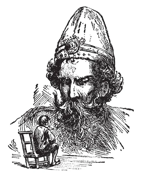 格列佛和国王 这个场景显示小男人坐在椅子上和巨人人交谈 复古线条画或雕刻插图 — 图库矢量图片