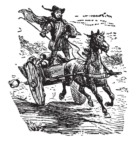 Muž Stojící Koni Vozík Držící Hůl Jeho Pravou Ruku Vintage — Stockový vektor