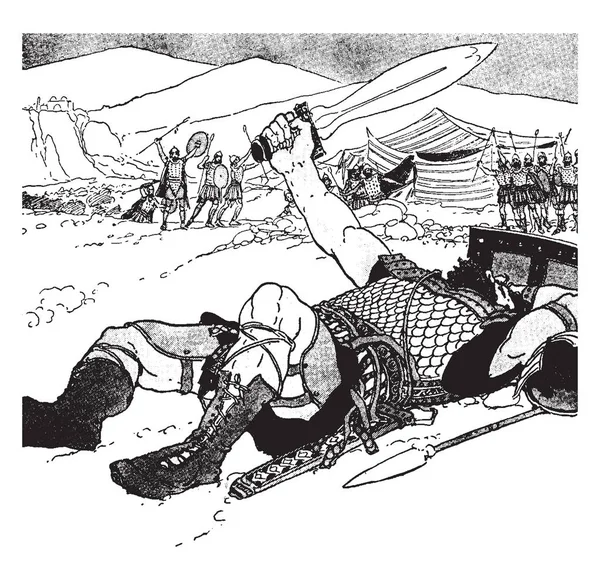 歌利亚 这个场景有一个巨大的战士躺在地上与举起剑在他的手 周围的小士兵 他们有盾牌和矛 背景山 复古线条画或雕刻插图 — 图库矢量图片