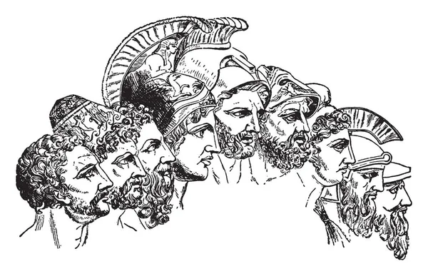 Estandarte Los Rostros Los Héroes Guerra Troya Dibujo Línea Vintage — Archivo Imágenes Vectoriales