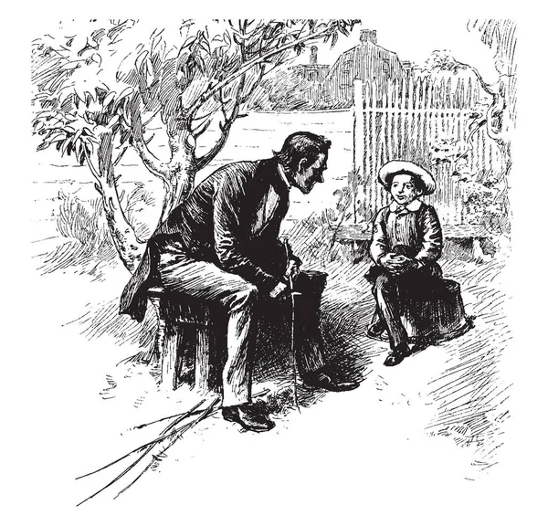 Hombre Hablando Con Niño Árboles Fondo Dibujo Líneas Vintage Ilustración — Vector de stock