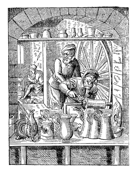 Atelier Étain Potier Xvie Siècle Illustration Gravée Vintage Encyclopédie Industrielle — Image vectorielle