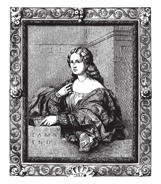 La Bella Di Tiziano can now be found in the Sciarra Palace in Rome, vintage line drawing or engraving illustration.
