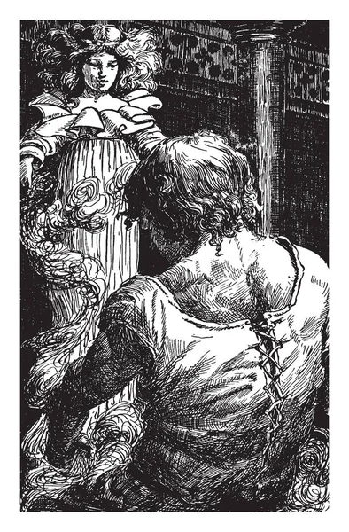 Dev enerji ve peri Beceri, bu sahne önünde dev adam, vintage çizim için ayakta veya illüstrasyon oyma bir kız gösterir