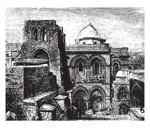 聖墳墓 エルサレムの旧市街 ビンテージの線描画や彫刻イラストのキリスト教地区教会 — ストックベクタ